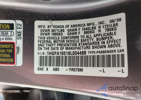 2009 Honda Civic Lx from USA, damaged, VIN 1HGFA16519L004488